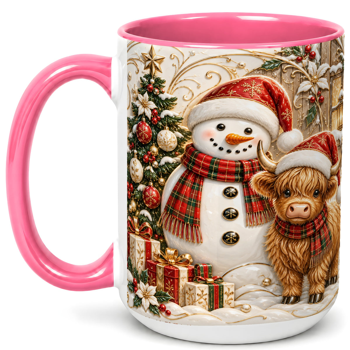 #pl[15oz|Pink] Highland Cow Snowman Coffee Mug, Festive Farm Mug, Ceramic Cup