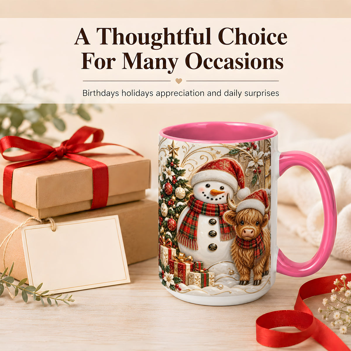 #pl[15oz|Pink] Highland Cow Snowman Coffee Mug, Festive Farm Mug, Ceramic Cup