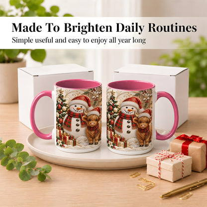 #pl[15oz|Pink] Highland Cow Snowman Coffee Mug, Festive Farm Mug, Ceramic Cup