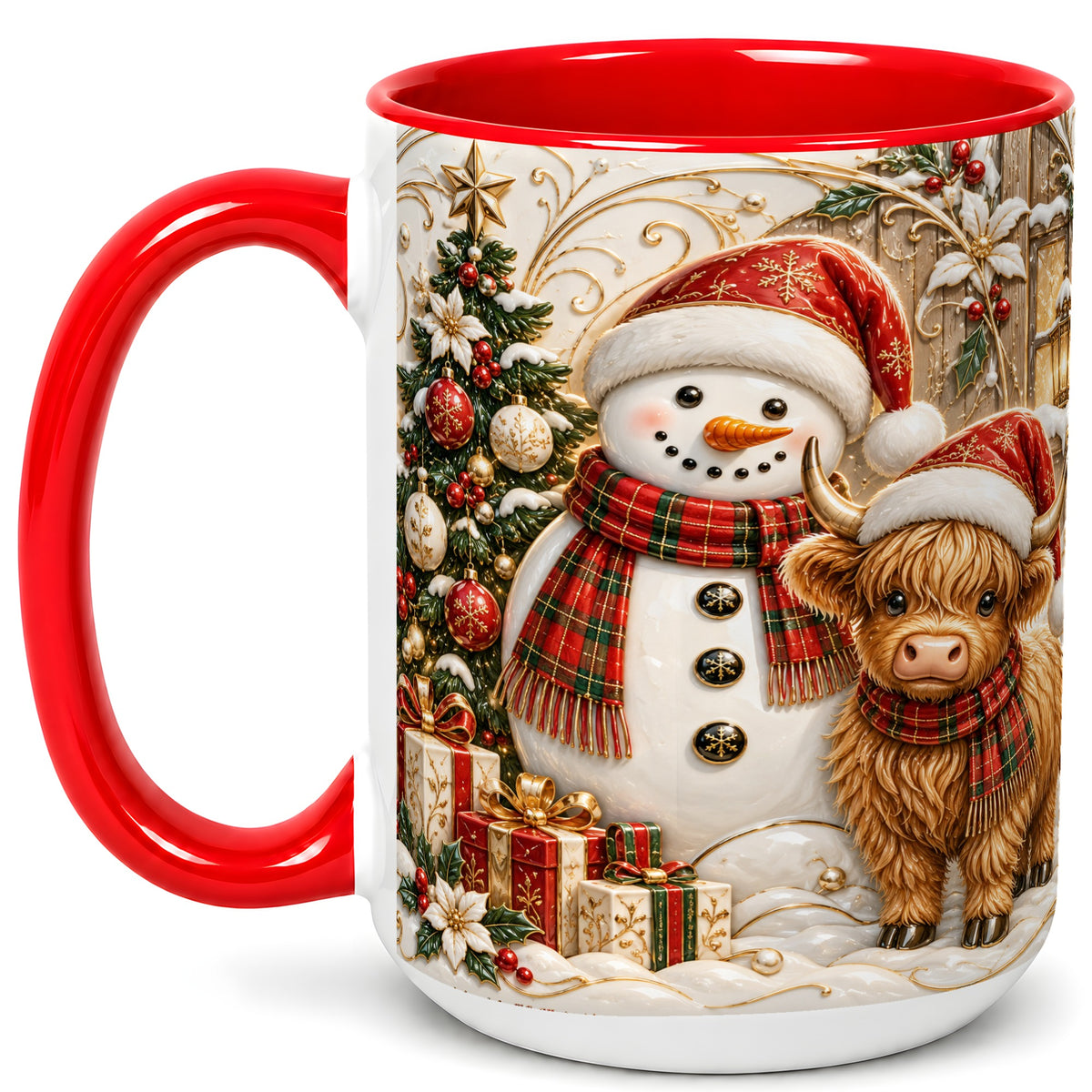 #pl[15oz|Red] Highland Cow Snowman Coffee Mug, Festive Farm Mug, Ceramic Cup