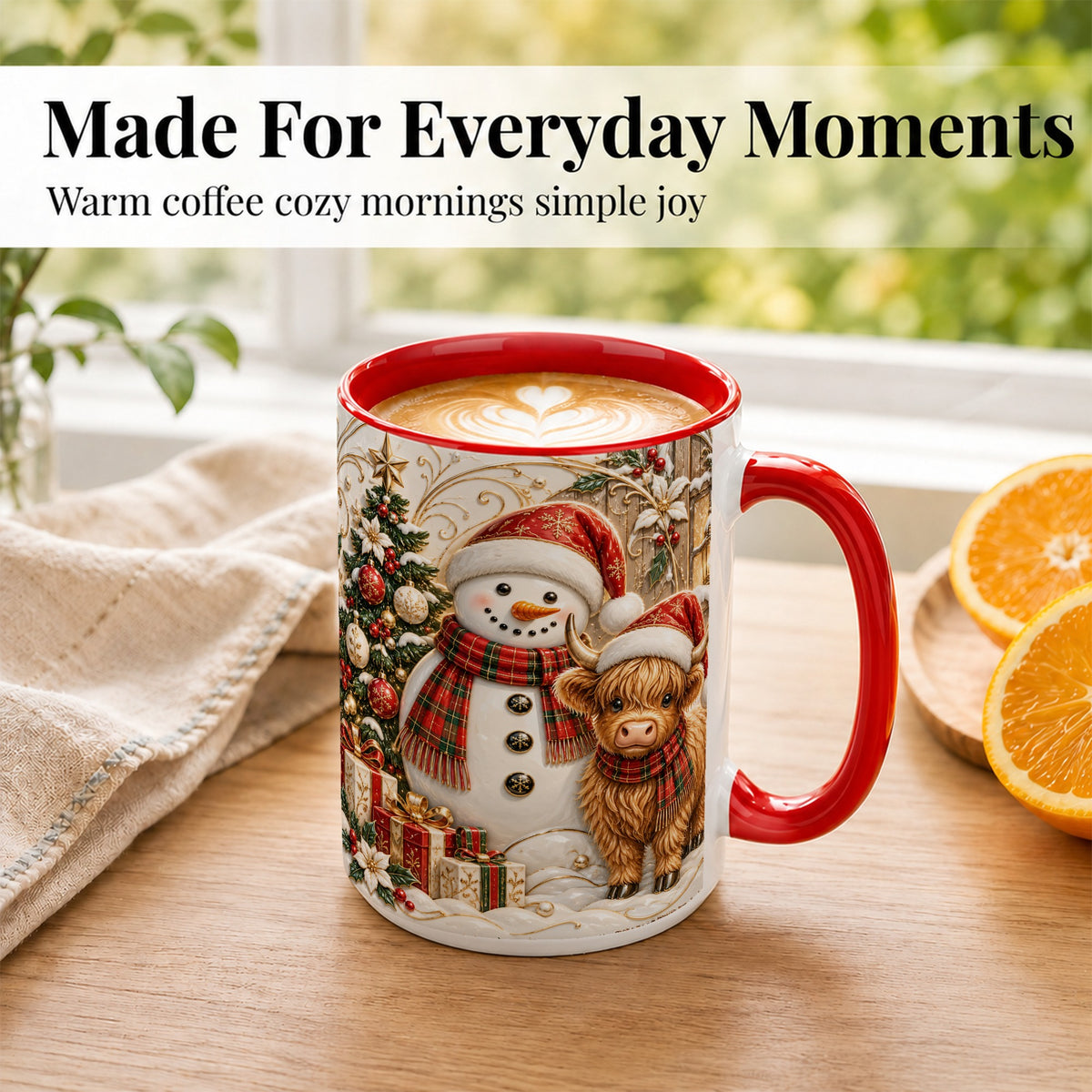 #pl[15oz|Red] Highland Cow Snowman Coffee Mug, Festive Farm Mug, Ceramic Cup