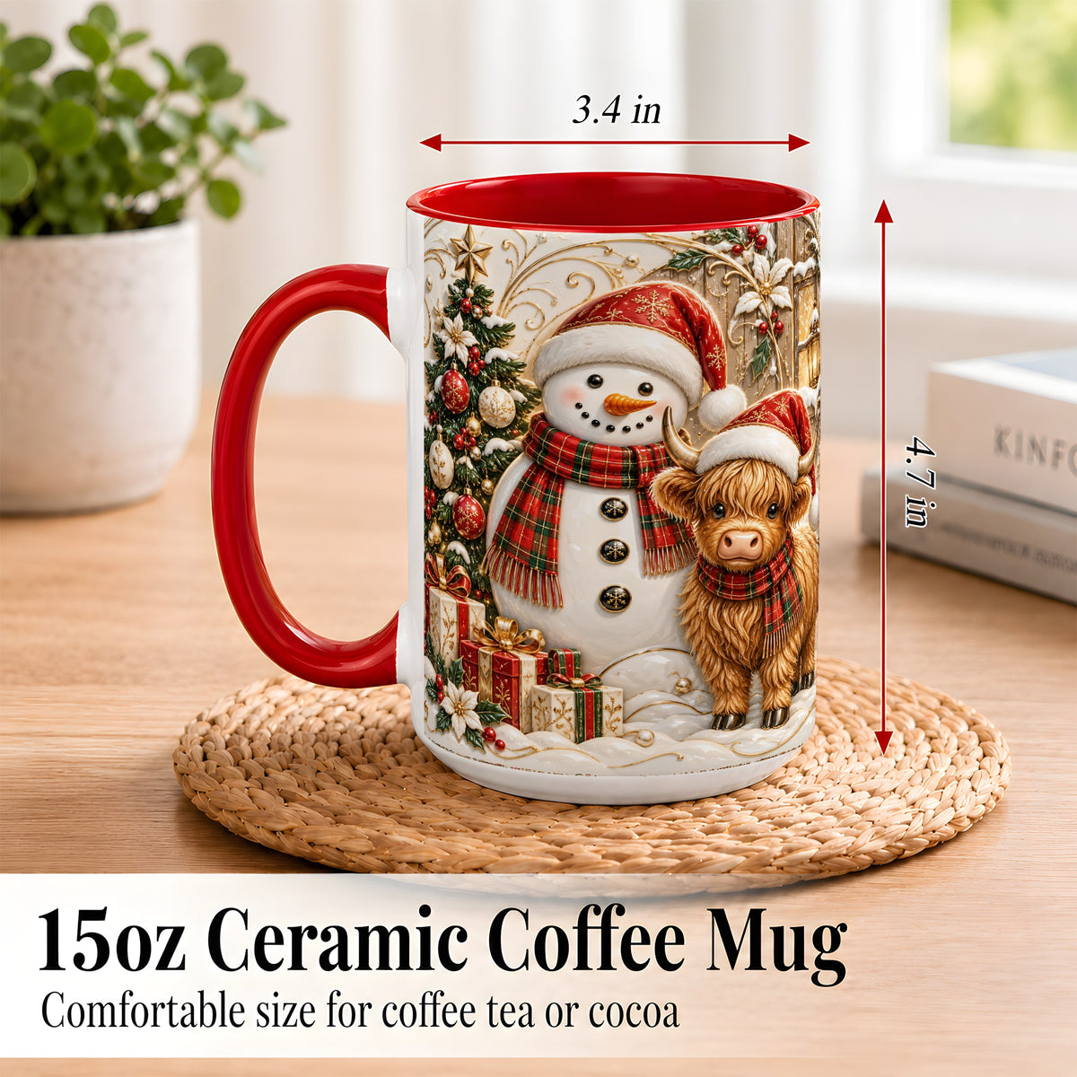 #pl[15oz|Red] Highland Cow Snowman Coffee Mug, Festive Farm Mug, Ceramic Cup