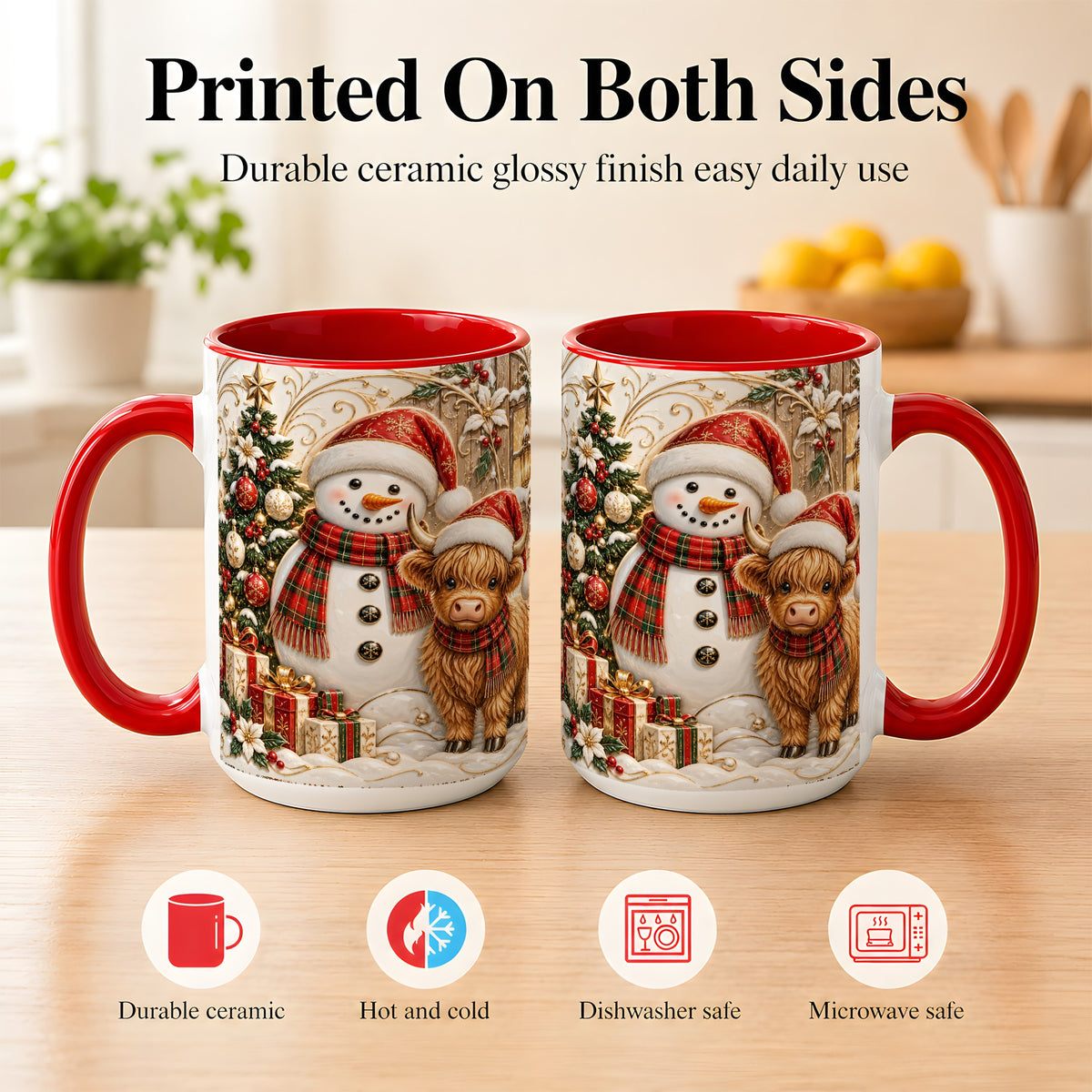 #pl[15oz|Red] Highland Cow Snowman Coffee Mug, Festive Farm Mug, Ceramic Cup