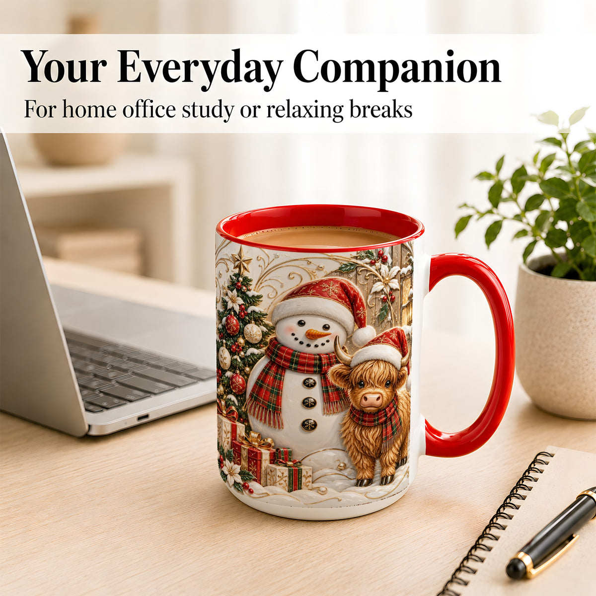 #pl[15oz|Red] Highland Cow Snowman Coffee Mug, Festive Farm Mug, Ceramic Cup