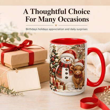 #pl[15oz|Red] Highland Cow Snowman Coffee Mug, Festive Farm Mug, Ceramic Cup