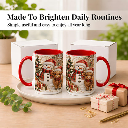 #pl[15oz|Red] Highland Cow Snowman Coffee Mug, Festive Farm Mug, Ceramic Cup