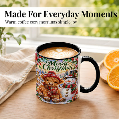 #pl[11oz|Black] Merry Christmas Cow Coffee Mug, Snowman Mug, Ceramic Cup