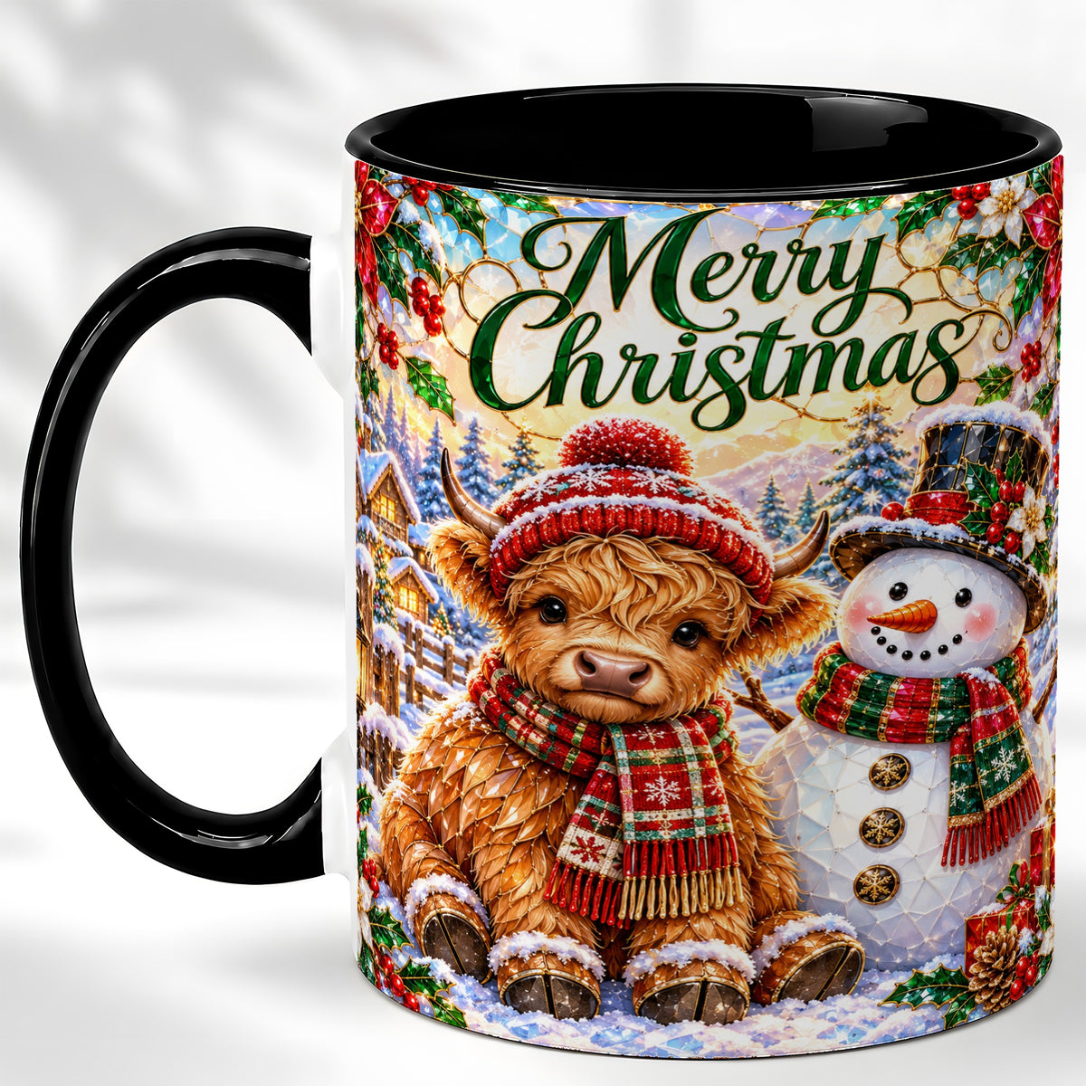 #pl[11oz|Black] Merry Christmas Cow Coffee Mug, Snowman Mug, Ceramic Cup