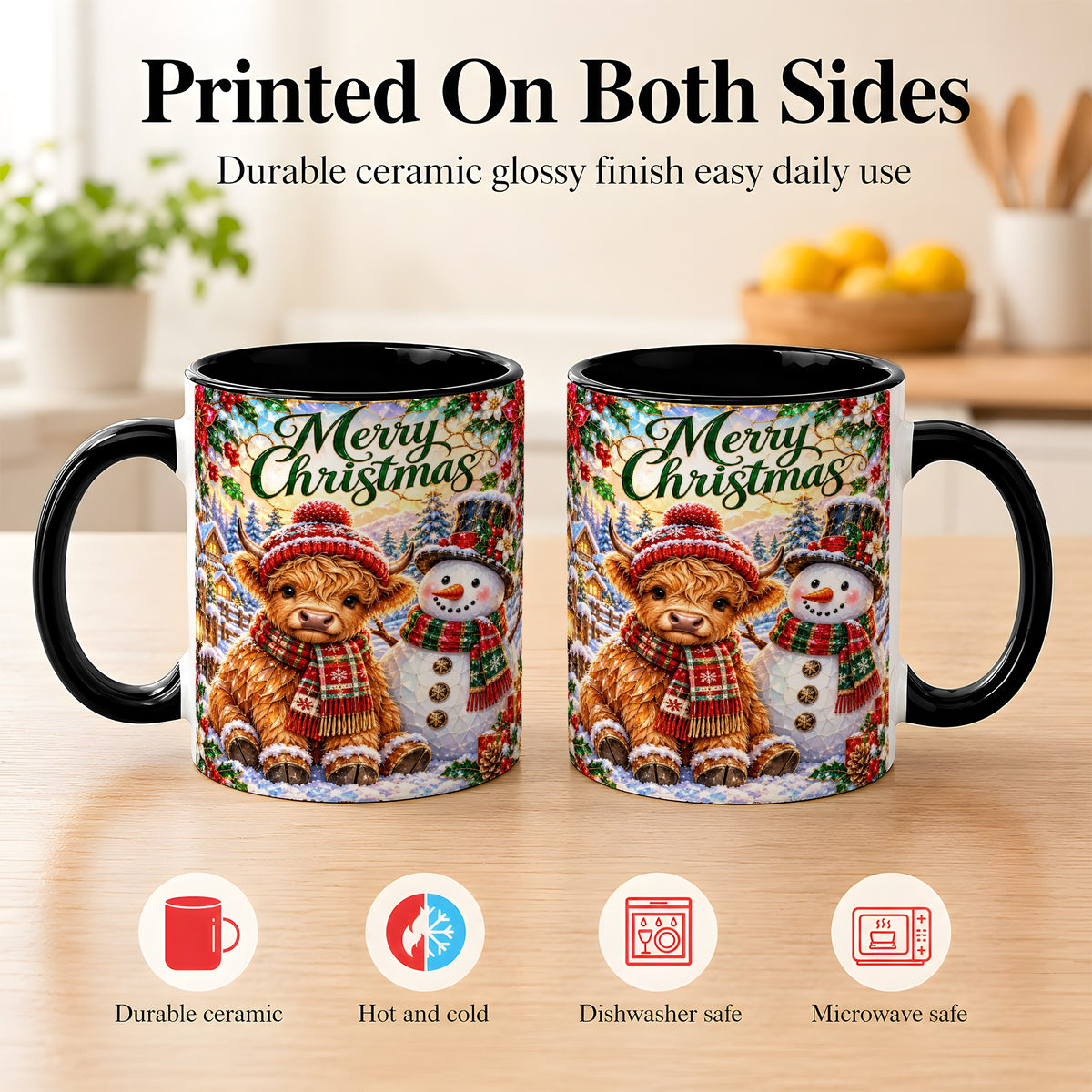 #pl[11oz|Black] Merry Christmas Cow Coffee Mug, Snowman Mug, Ceramic Cup