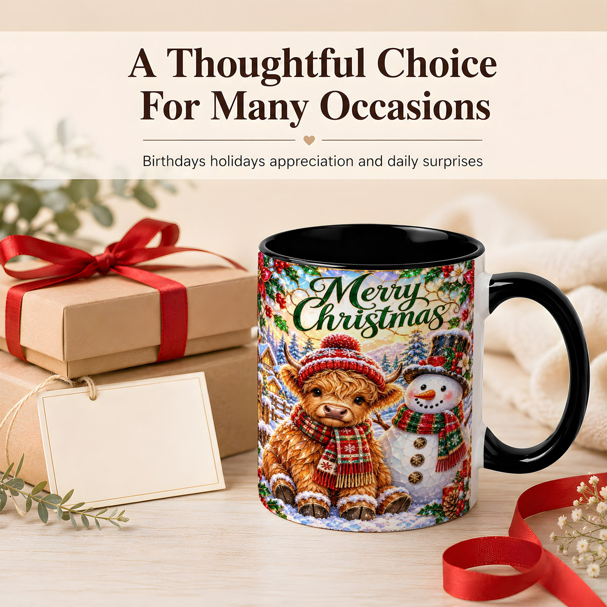 #pl[11oz|Black] Merry Christmas Cow Coffee Mug, Snowman Mug, Ceramic Cup