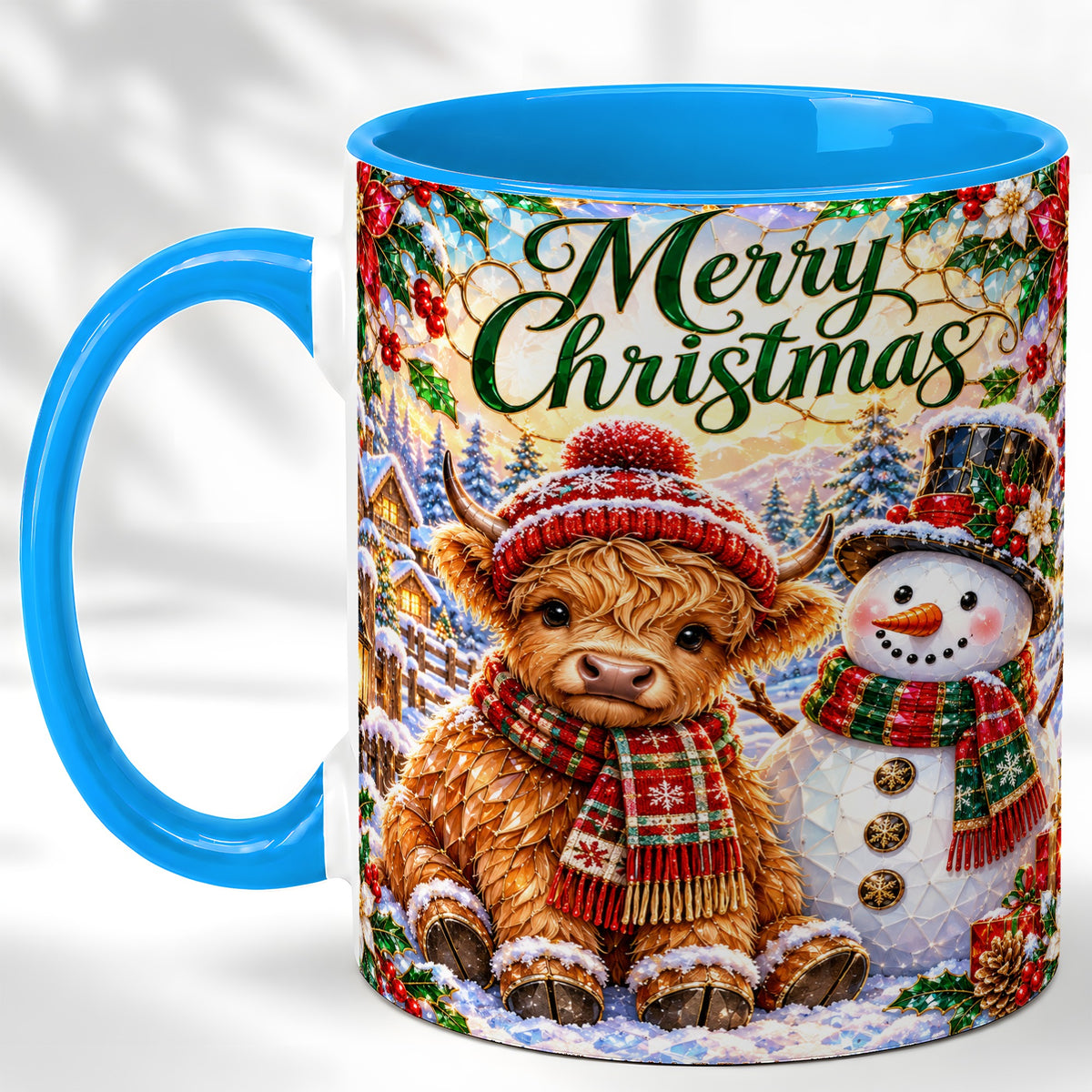 #pl[11oz|Blue] Merry Christmas Cow Coffee Mug, Snowman Mug, Ceramic Cup