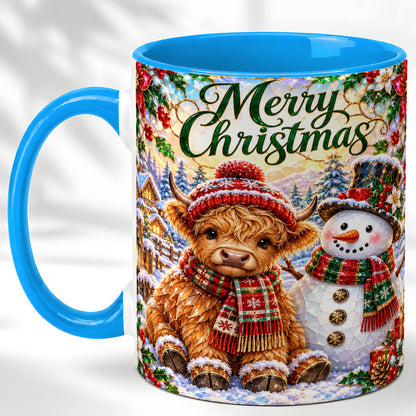 #pl[11oz|Blue] Merry Christmas Cow Coffee Mug, Snowman Mug, Ceramic Cup