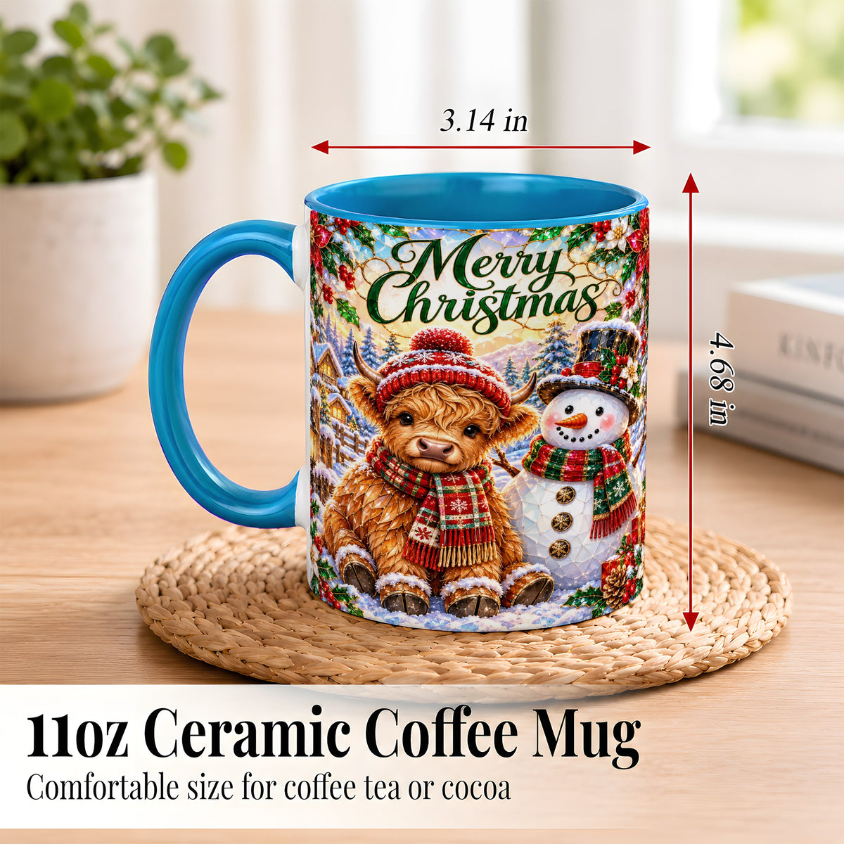 #pl[11oz|Blue] Merry Christmas Cow Coffee Mug, Snowman Mug, Ceramic Cup