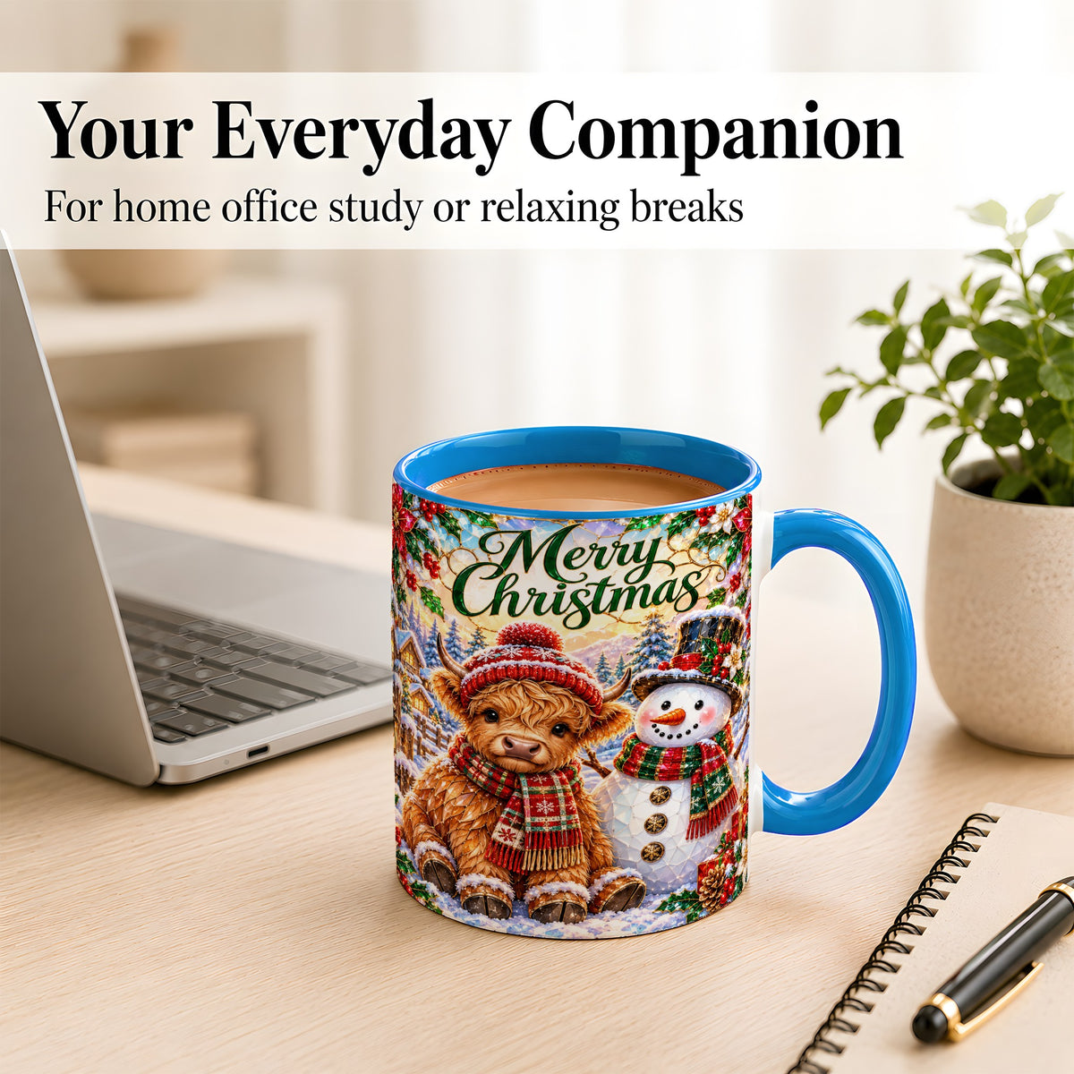 #pl[11oz|Blue] Merry Christmas Cow Coffee Mug, Snowman Mug, Ceramic Cup
