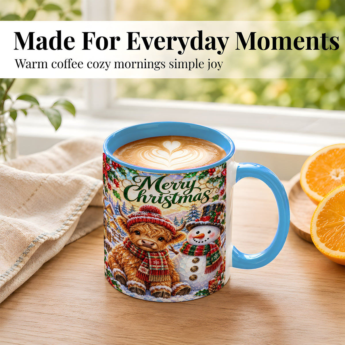 #pl[11oz|Blue] Merry Christmas Cow Coffee Mug, Snowman Mug, Ceramic Cup