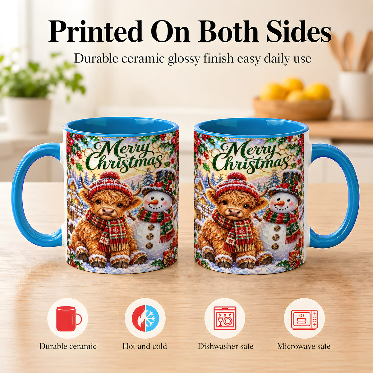 #pl[11oz|Blue] Merry Christmas Cow Coffee Mug, Snowman Mug, Ceramic Cup