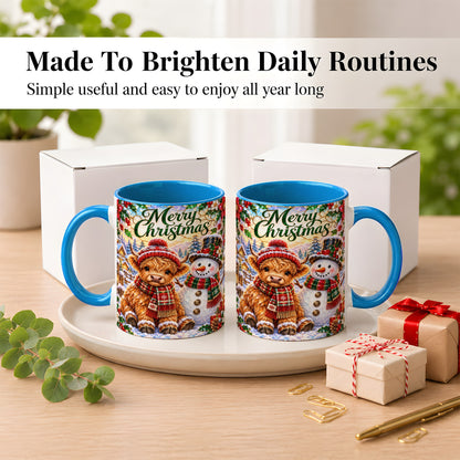 #pl[11oz|Blue] Merry Christmas Cow Coffee Mug, Snowman Mug, Ceramic Cup