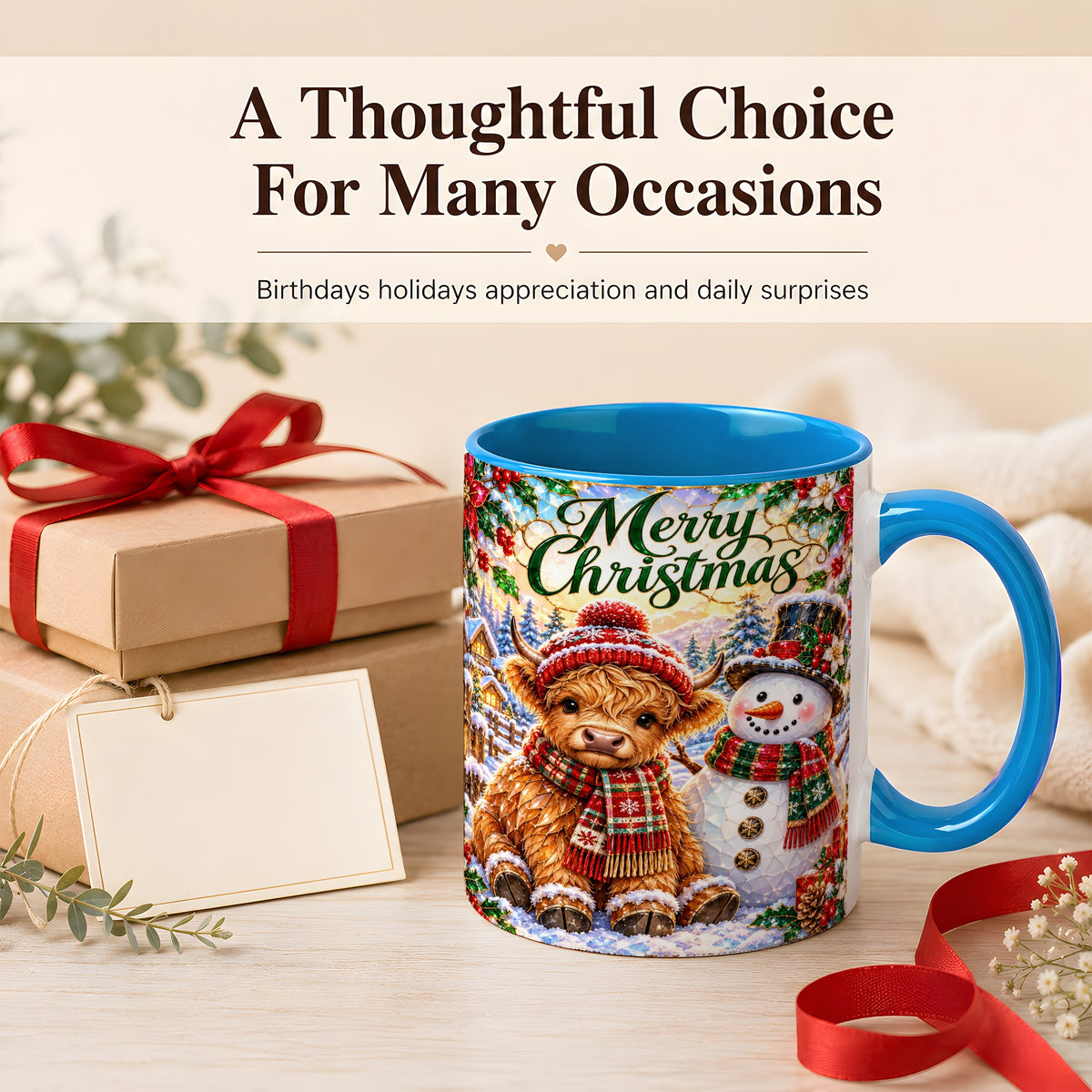 #pl[11oz|Blue] Merry Christmas Cow Coffee Mug, Snowman Mug, Ceramic Cup