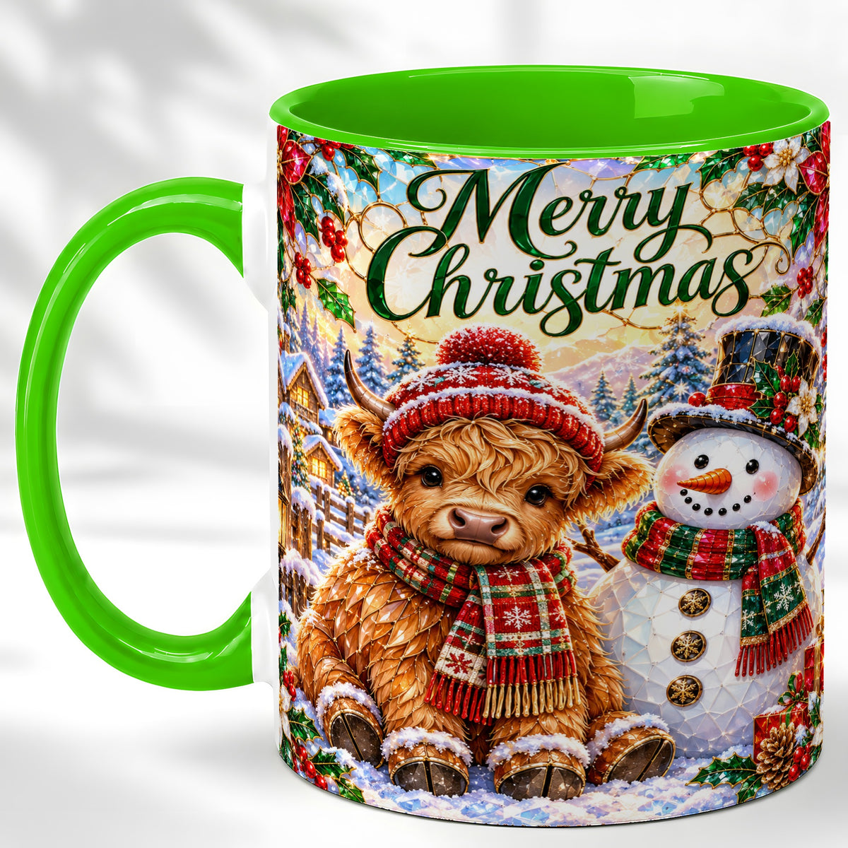 #pl[11oz|Green] Merry Christmas Cow Coffee Mug, Snowman Mug, Ceramic Cup