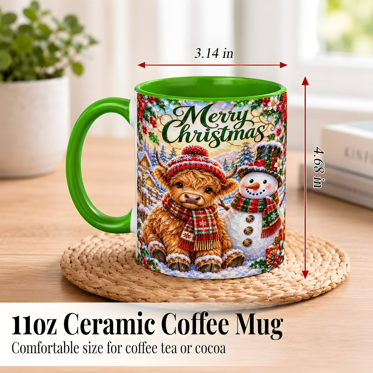 #pl[11oz|Green] Merry Christmas Cow Coffee Mug, Snowman Mug, Ceramic Cup