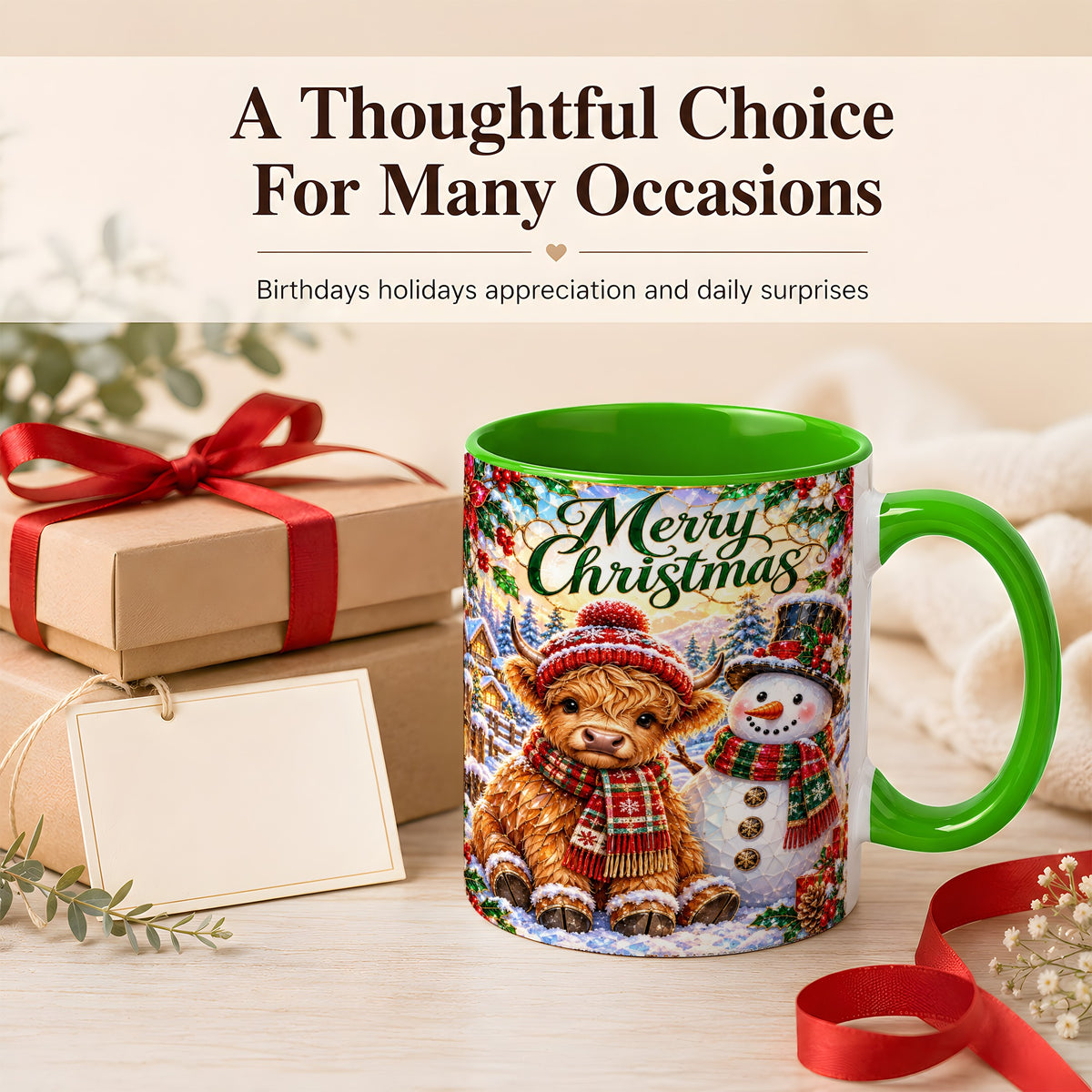 #pl[11oz|Green] Merry Christmas Cow Coffee Mug, Snowman Mug, Ceramic Cup
