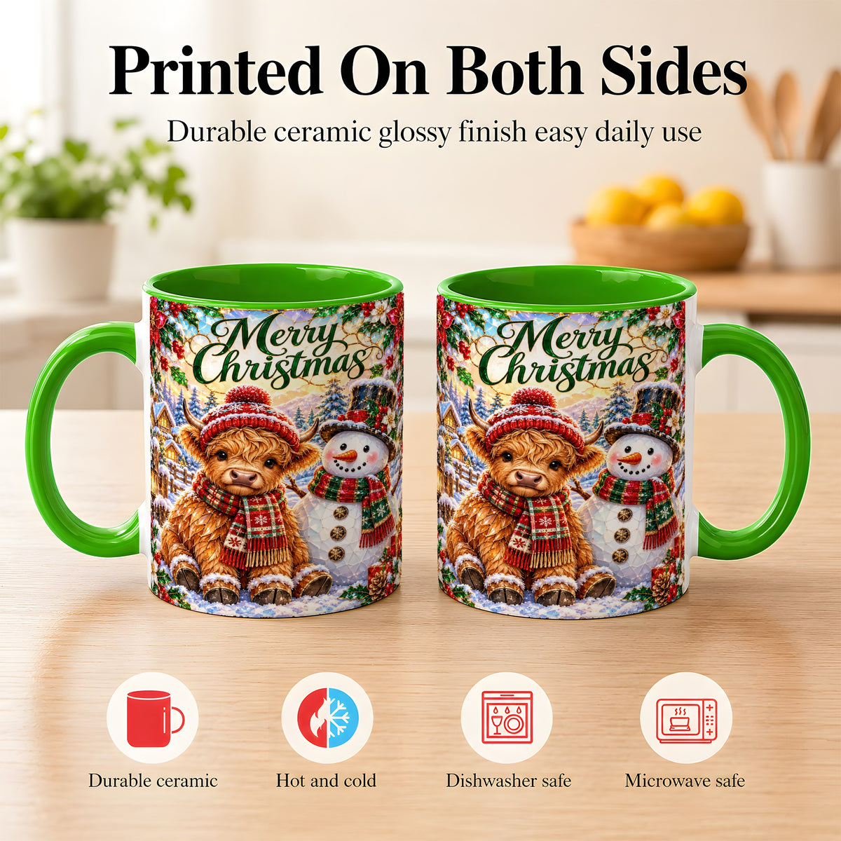 #pl[11oz|Green] Merry Christmas Cow Coffee Mug, Snowman Mug, Ceramic Cup