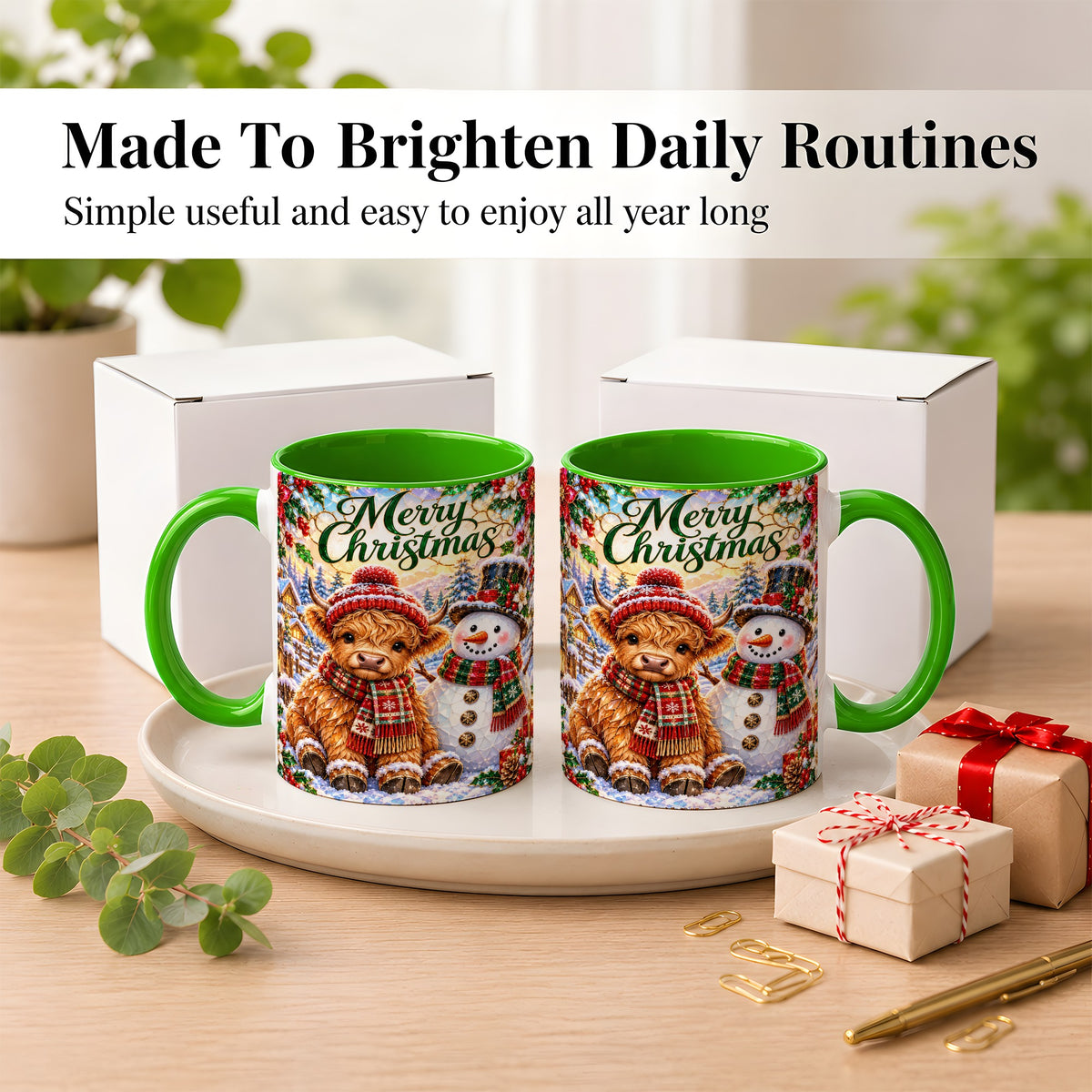 #pl[11oz|Green] Merry Christmas Cow Coffee Mug, Snowman Mug, Ceramic Cup