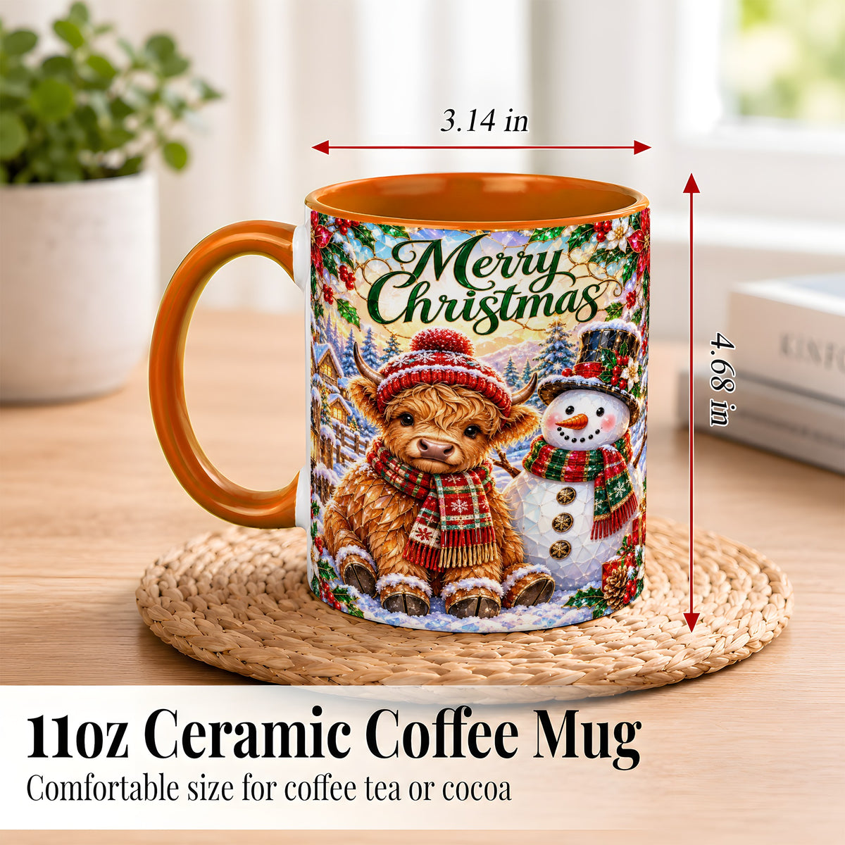#pl[11oz|Orange] Merry Christmas Cow Coffee Mug, Snowman Mug, Ceramic Cup