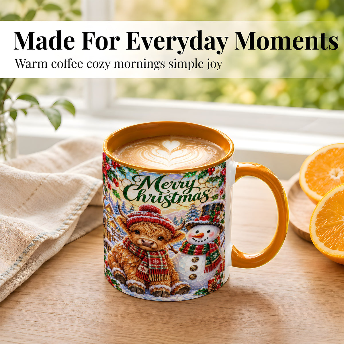 #pl[11oz|Orange] Merry Christmas Cow Coffee Mug, Snowman Mug, Ceramic Cup