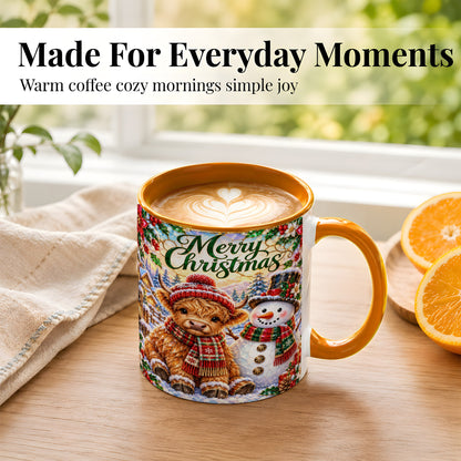 #pl[11oz|Orange] Merry Christmas Cow Coffee Mug, Snowman Mug, Ceramic Cup