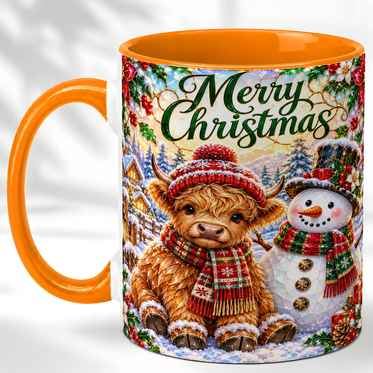 #pl[11oz|Orange] Merry Christmas Cow Coffee Mug, Snowman Mug, Ceramic Cup