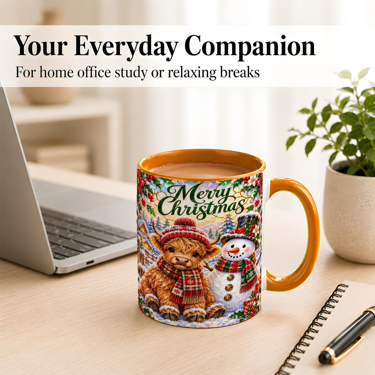 #pl[11oz|Orange] Merry Christmas Cow Coffee Mug, Snowman Mug, Ceramic Cup