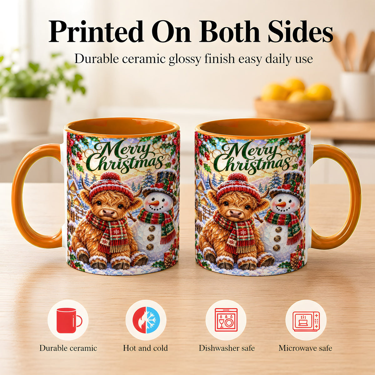 #pl[11oz|Orange] Merry Christmas Cow Coffee Mug, Snowman Mug, Ceramic Cup