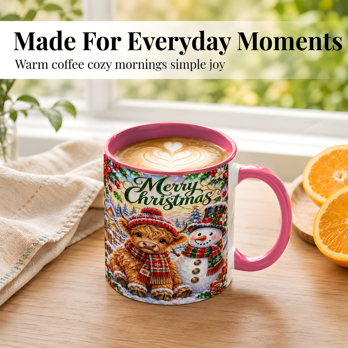 #pl[11oz|Pink] Merry Christmas Cow Coffee Mug, Snowman Mug, Ceramic Cup