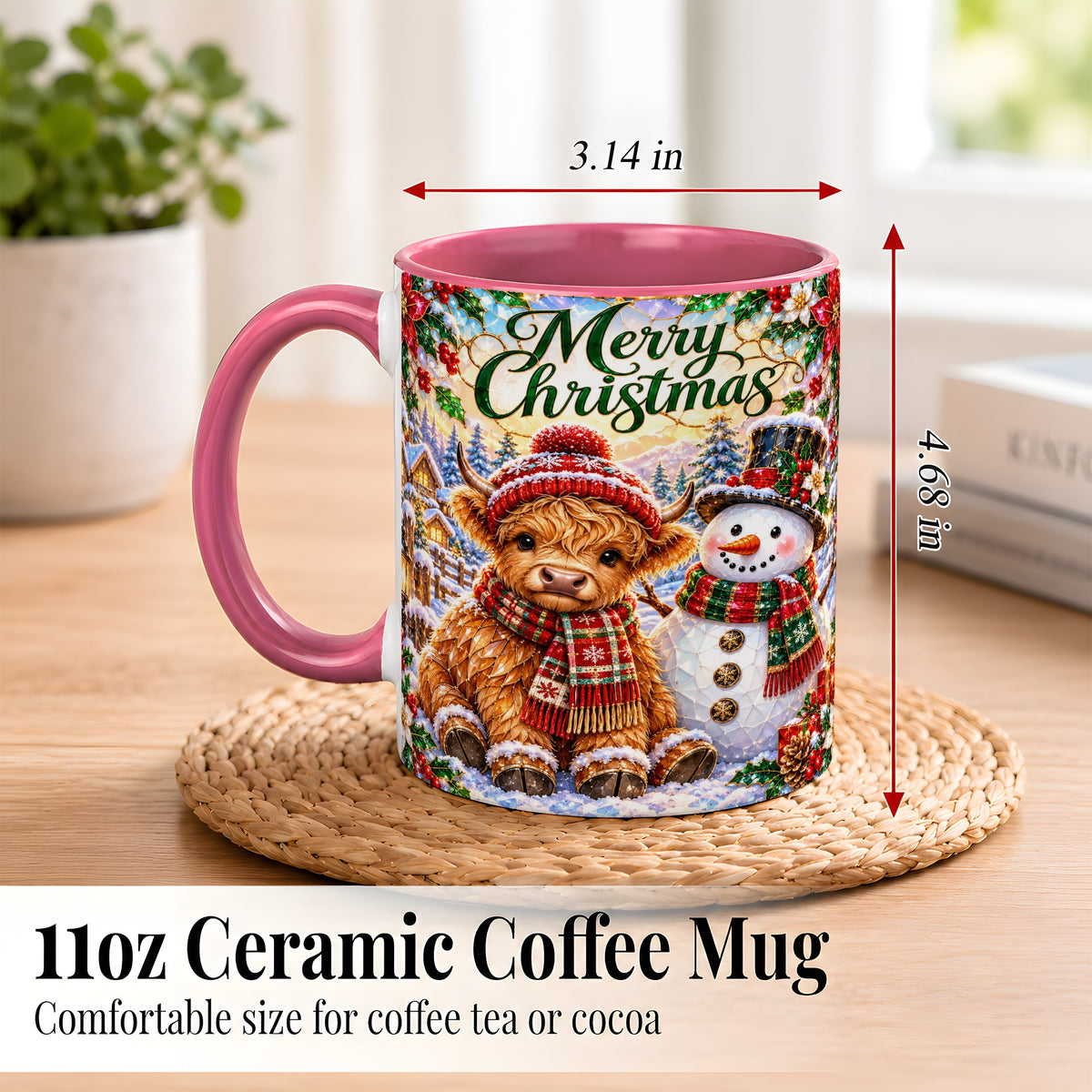 #pl[11oz|Pink] Merry Christmas Cow Coffee Mug, Snowman Mug, Ceramic Cup
