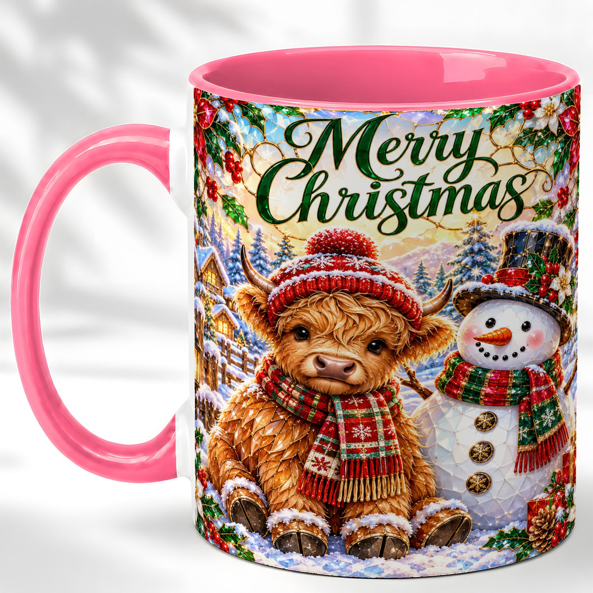 #pl[11oz|Pink] Merry Christmas Cow Coffee Mug, Snowman Mug, Ceramic Cup
