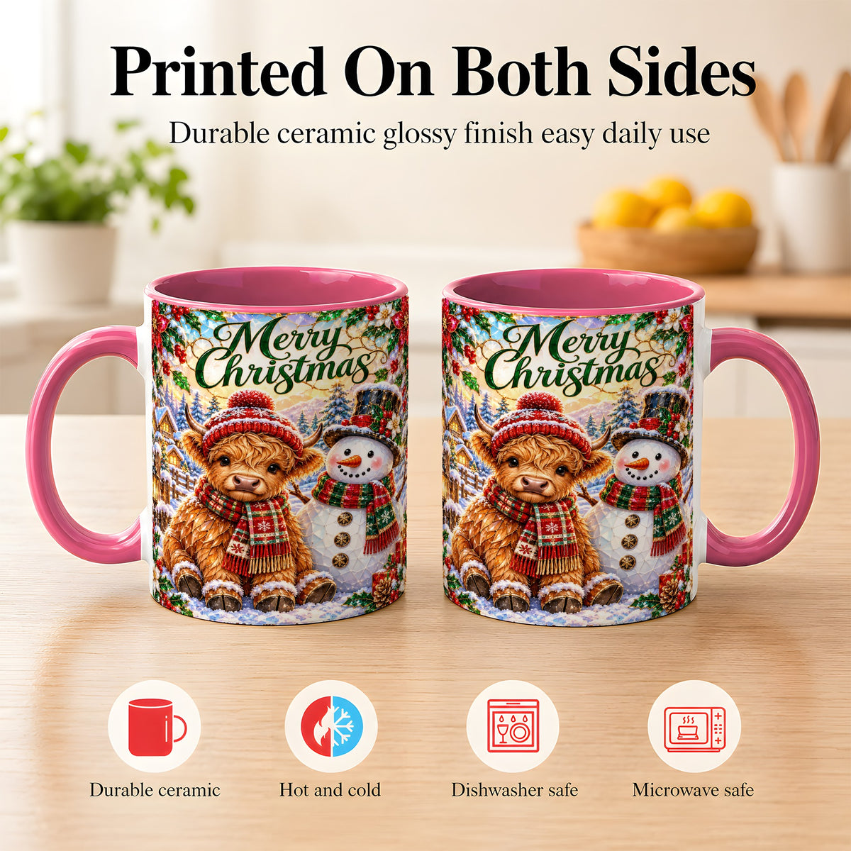 #pl[11oz|Pink] Merry Christmas Cow Coffee Mug, Snowman Mug, Ceramic Cup