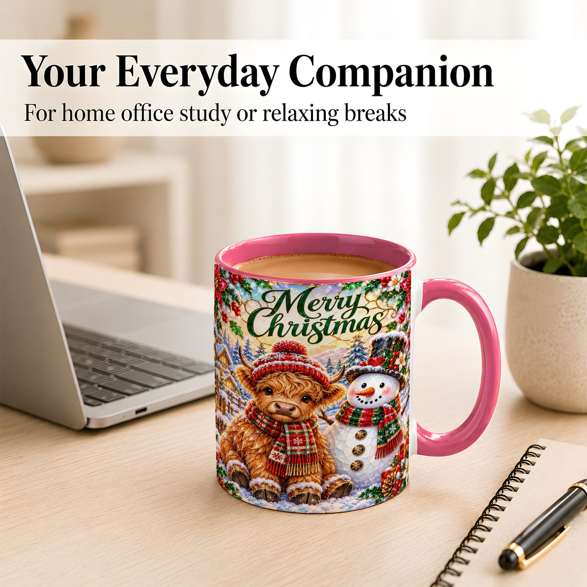 #pl[11oz|Pink] Merry Christmas Cow Coffee Mug, Snowman Mug, Ceramic Cup