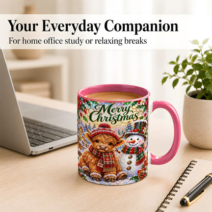 #pl[11oz|Pink] Merry Christmas Cow Coffee Mug, Snowman Mug, Ceramic Cup