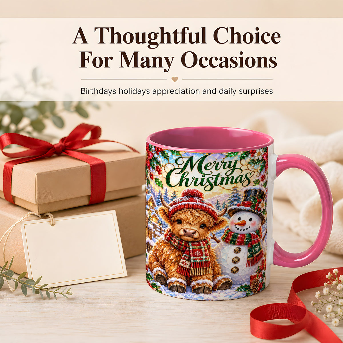 #pl[11oz|Pink] Merry Christmas Cow Coffee Mug, Snowman Mug, Ceramic Cup