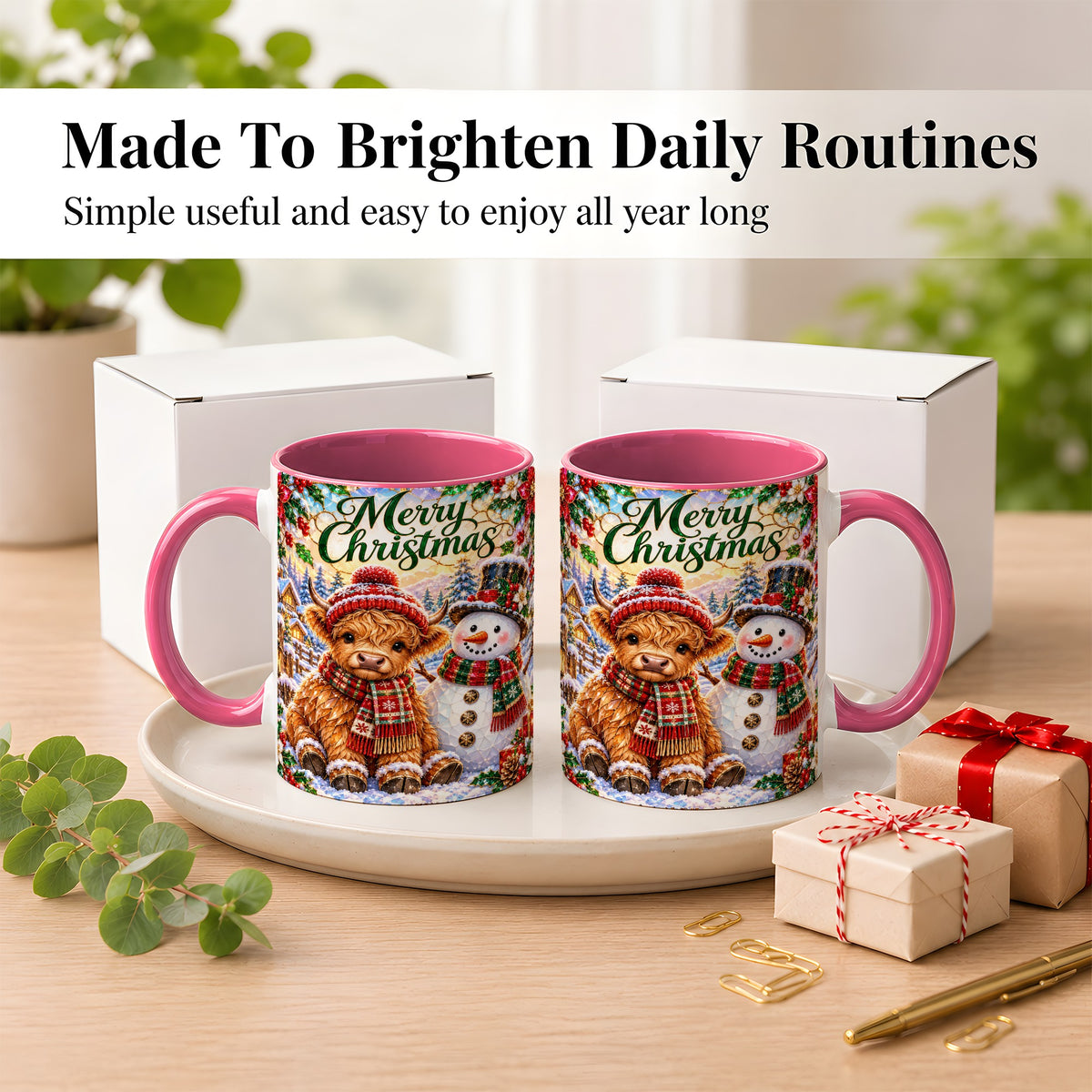 #pl[11oz|Pink] Merry Christmas Cow Coffee Mug, Snowman Mug, Ceramic Cup