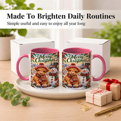 #pl[11oz|Pink] Merry Christmas Cow Coffee Mug, Snowman Mug, Ceramic Cup