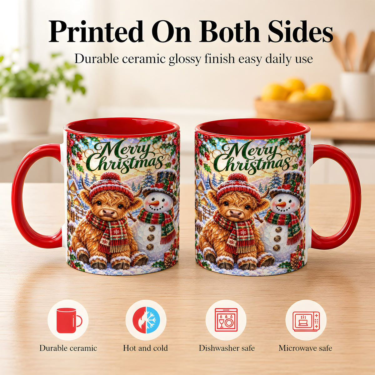 #pl[11oz|Red] Merry Christmas Cow Coffee Mug, Snowman Mug, Ceramic Cup
