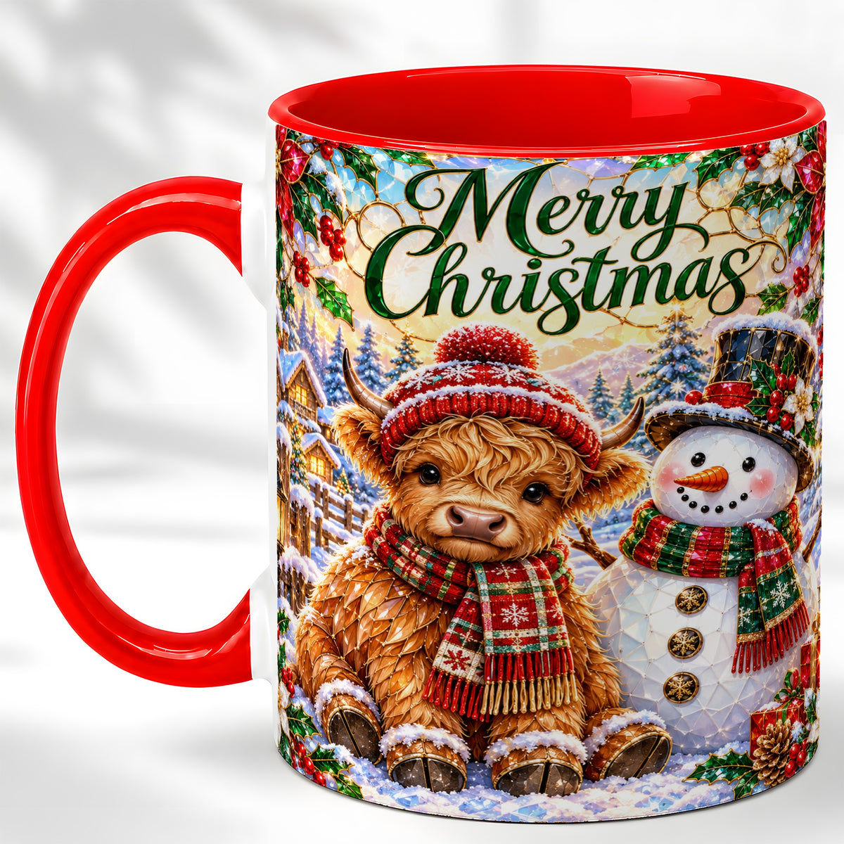 Merry Christmas Cow Coffee Mug, Snowman Mug, Ceramic Cup