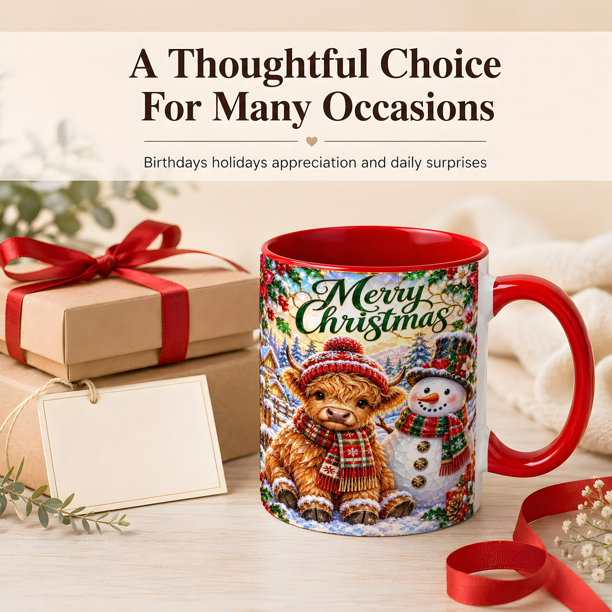 #pl[11oz|Red] Merry Christmas Cow Coffee Mug, Snowman Mug, Ceramic Cup