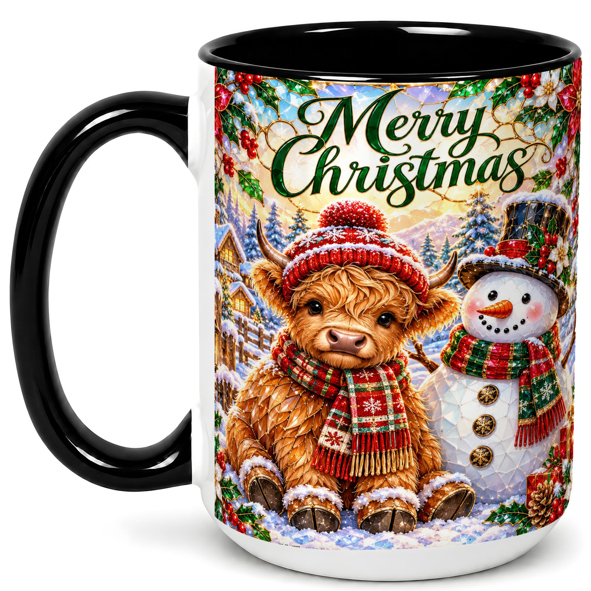 #pl[15oz|Black] Merry Christmas Cow Coffee Mug, Snowman Mug, Ceramic Cup