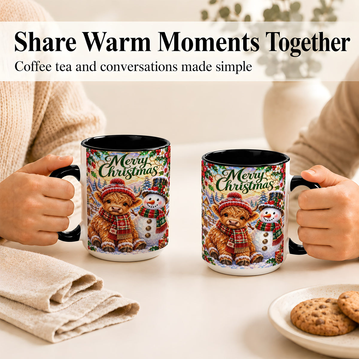 #pl[15oz|Black] Merry Christmas Cow Coffee Mug, Snowman Mug, Ceramic Cup