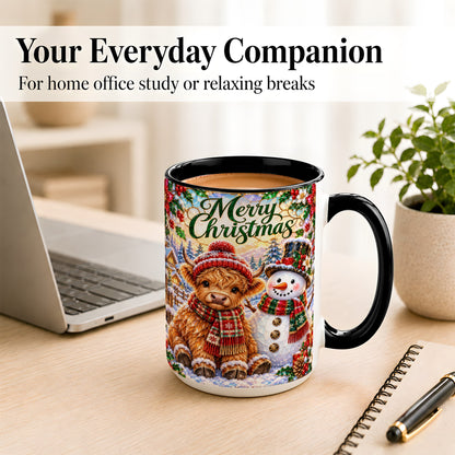 #pl[15oz|Black] Merry Christmas Cow Coffee Mug, Snowman Mug, Ceramic Cup