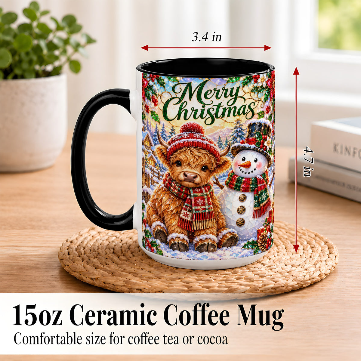 #pl[15oz|Black] Merry Christmas Cow Coffee Mug, Snowman Mug, Ceramic Cup