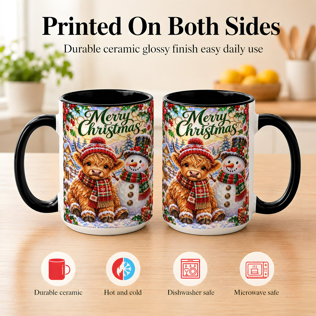 #pl[15oz|Black] Merry Christmas Cow Coffee Mug, Snowman Mug, Ceramic Cup